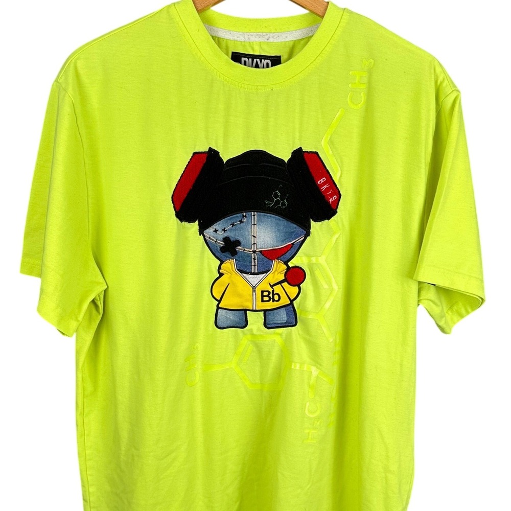 BKYS Mens XL Neon Lime Green Graphic T-Shirt Character Patch Streetwear Tee